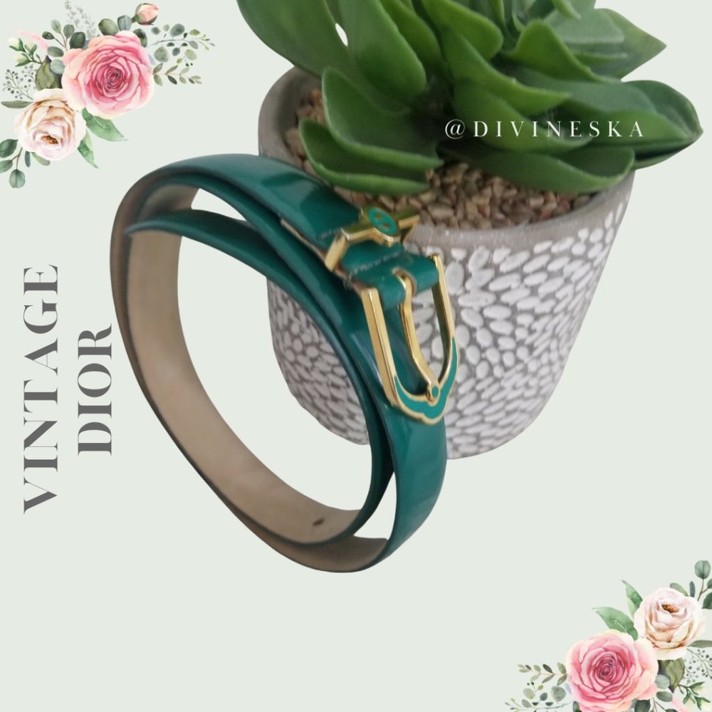 Vintage Christian Dior Teal Skinny Belt Gold Leather Small Cowhide 28